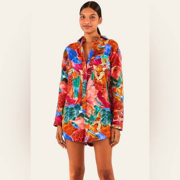 Farm Rio Anthropologie Linen Jungle Print Relaxed Linen Romper Long Sleeve Small - Picture 6 of 15